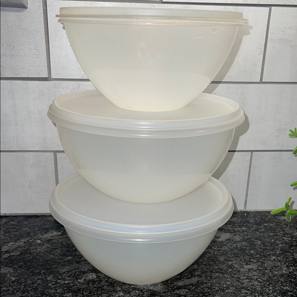 Set of 3 Vintage Tupperware Wonderlier bowls with lids Translucent mixing bowls